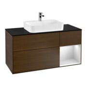 V&B Meuble sous lavabo Finion 120 cm, Pl bleu mat, étagère droite blanche, veinage noyer