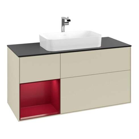 V&B Meuble sous lavabo Finion 120 cm, Pl bleu mat, étagère gauche Peo, gris mat Lac