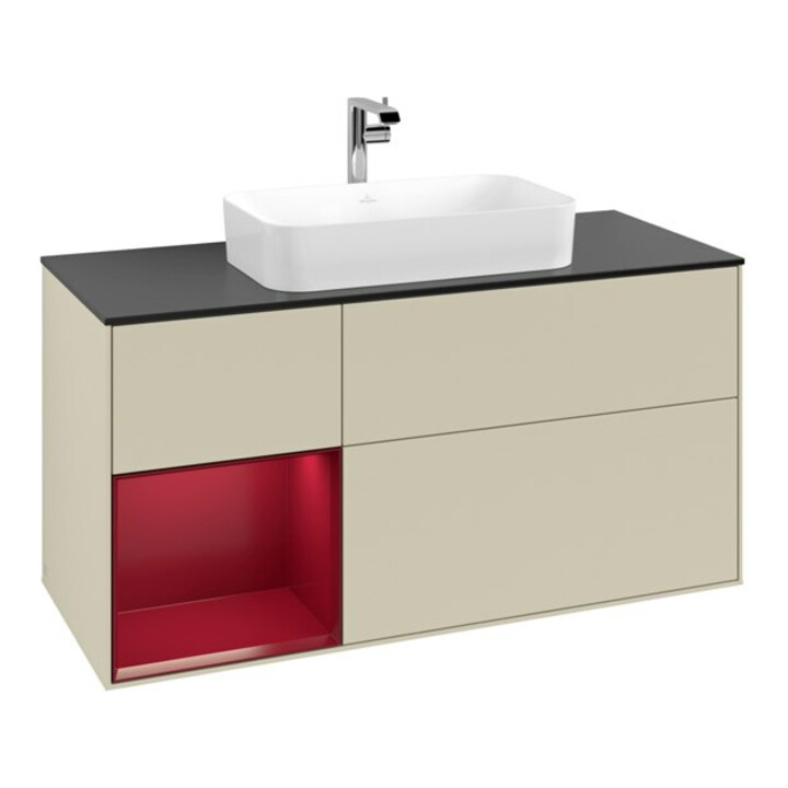 V&B Meuble sous lavabo Finion 120 cm, Pl bleu mat, étagère gauche Peo, gris mat Lac
