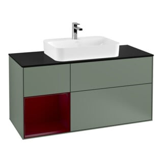 V&B Meuble sous-lavabo Finion 120 cm, Pl bleu mat, étagère gauche Peo, huile mat Lac