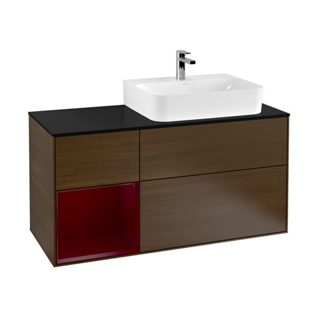V&B Meuble sous lavabo Finion 120 cm, Pl bleu mat, étagère gauche Peo, noyer ven