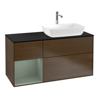 V&B Meuble sous lavabo Finion 120 cm, Pl bleu mat, étagère huile m Lac, noyer vein