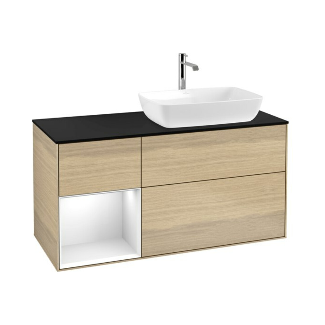 V&B Meuble sous lavabo Finion 120 cm, Pl bleu mat, Étagère laque blanche, Oa ven