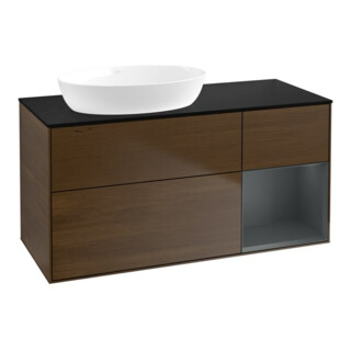 V&B Meuble sous lavabo Finion 120 cm, Pl bleu mat, Étagère méd mat Laqué, noyer veinée