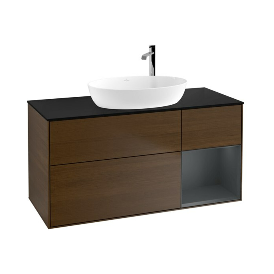V&B Meuble sous-lavabo Finion 120 cm, Pl bleu mat, Étagère méd mat, noyer veinée