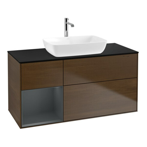 V&B Meuble sous lavabo Finion 120 cm, Pl bleu mat, étagère médium laquée, noyer veinée