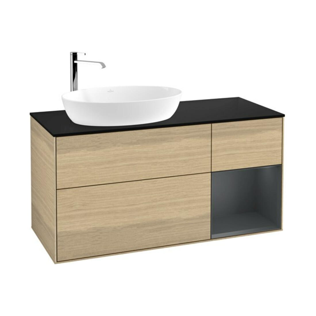 V&B Meuble sous-lavabo Finion 120 cm, Pl bleu mat, étagère médium mat laqué, éclairage mural Oa ven