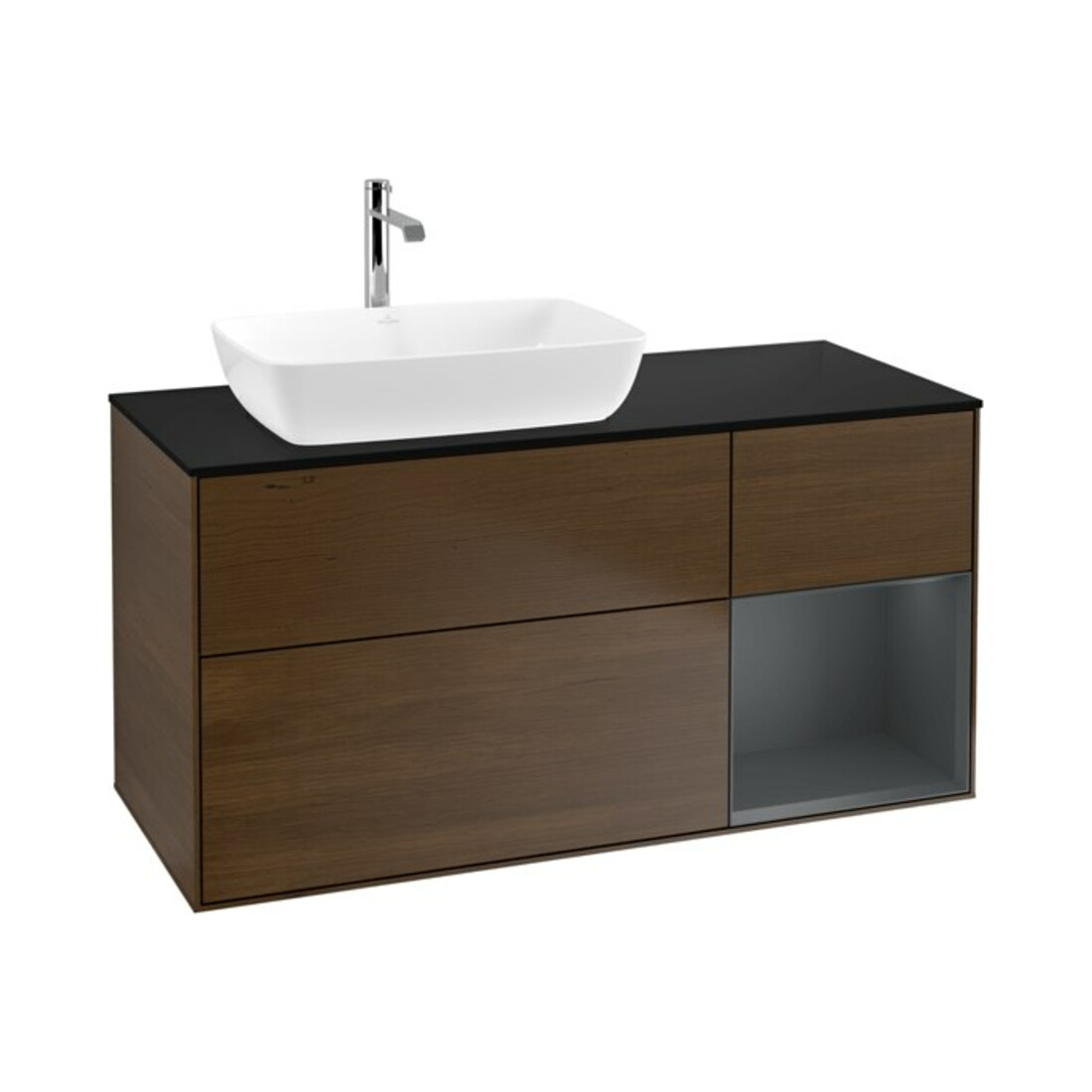 V&B Meuble sous-lavabo Finion 120 cm, Pl bleu mat, Étagère médium mat laqué, noyer veinée