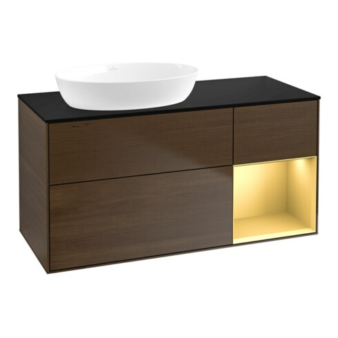V&B Meuble sous lavabo Finion 120 cm, Pl bleu mat, Étagère or mat, Noyer veinée
