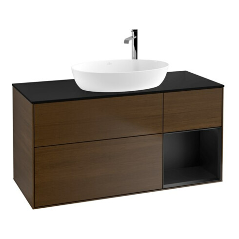 V&B Meuble sous lavabo Finion 120 cm, Pl bleu mat, Rég bleu mat Lac, noyer veinée