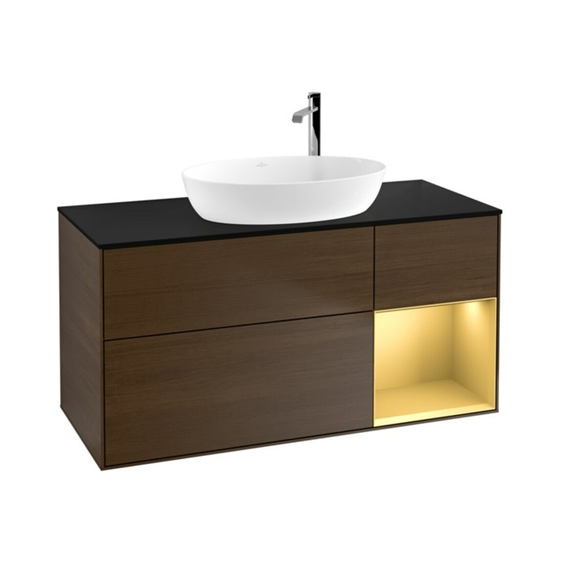 V&B Meuble sous lavabo Finion 120 cm, Pl bleu mat, Reg doré mat Lac, noyer veinée
