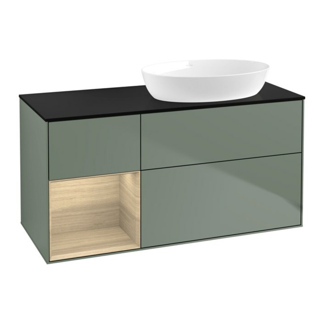 V&B Meuble sous lavabo Finion 120 cm, pl bleu mat, rég Oa ven, oliv mat laqué