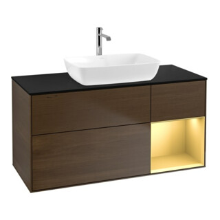 V&B Meuble sous lavabo Finion 120 cm, Pl bleu mat, Reg or mat Lac, noyer veinée