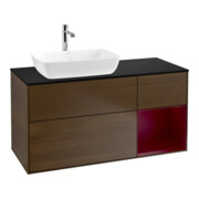 V&B Meuble sous-lavabo Finion 120 cm, Pl bleu mat, Réglette LED mat laqué, noyer veiné