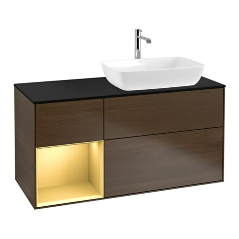 V&B Meuble sous lavabo Finion 120 cm, Pl bleu mat, Réglette or mat Lac, noyer veinée