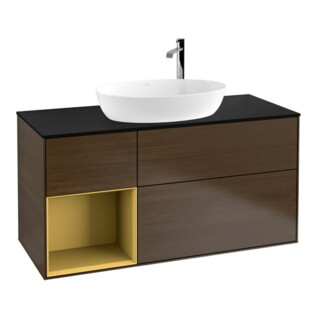 V&B Meuble sous lavabo Finion 120 cm, pl. bleu mat, réglette or mat, noyer veinée