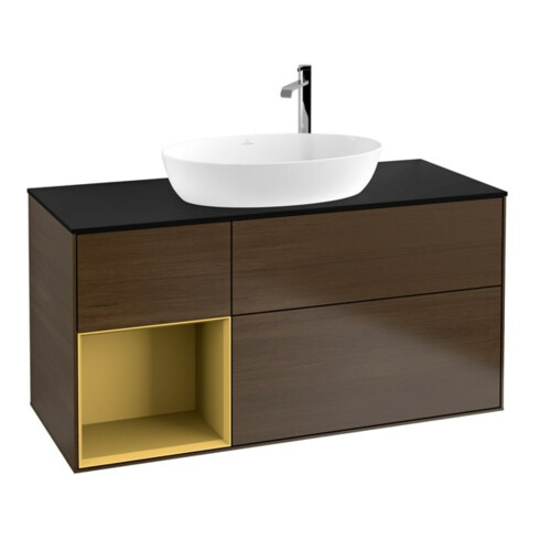 V&B Meuble sous lavabo Finion 120 cm, pl. bleu mat, réglette or mat, noyer veinée