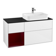 V&B Meuble sous lavabo Finion 120 cm, Pl bleu mat, tiroir gauche Peo, blanc brillant Lac