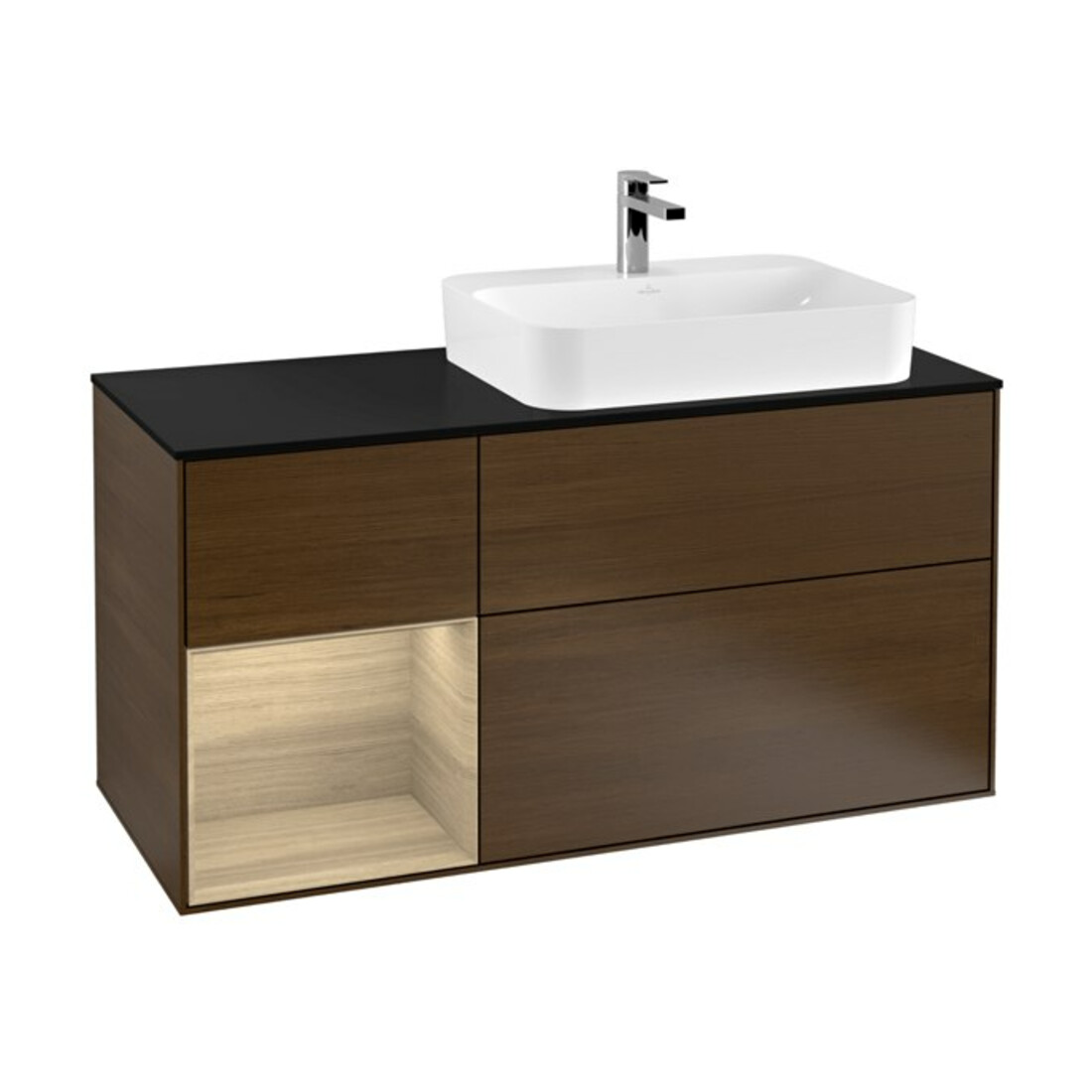 V&B Meuble sous lavabo Finion 120 cm, Pl bleu mat, tiroir gauche, veinage chêne