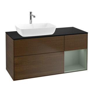 V&B Meuble sous lavabo Finion 120 cm, pl bleu, régulateur huile, laqué, noyer veinée