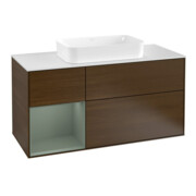 V&B Meuble sous-lavabo Finion 120 cm, Pl w m, Éclairage mural, Rg g, Oli. m Lac, noyer veiné