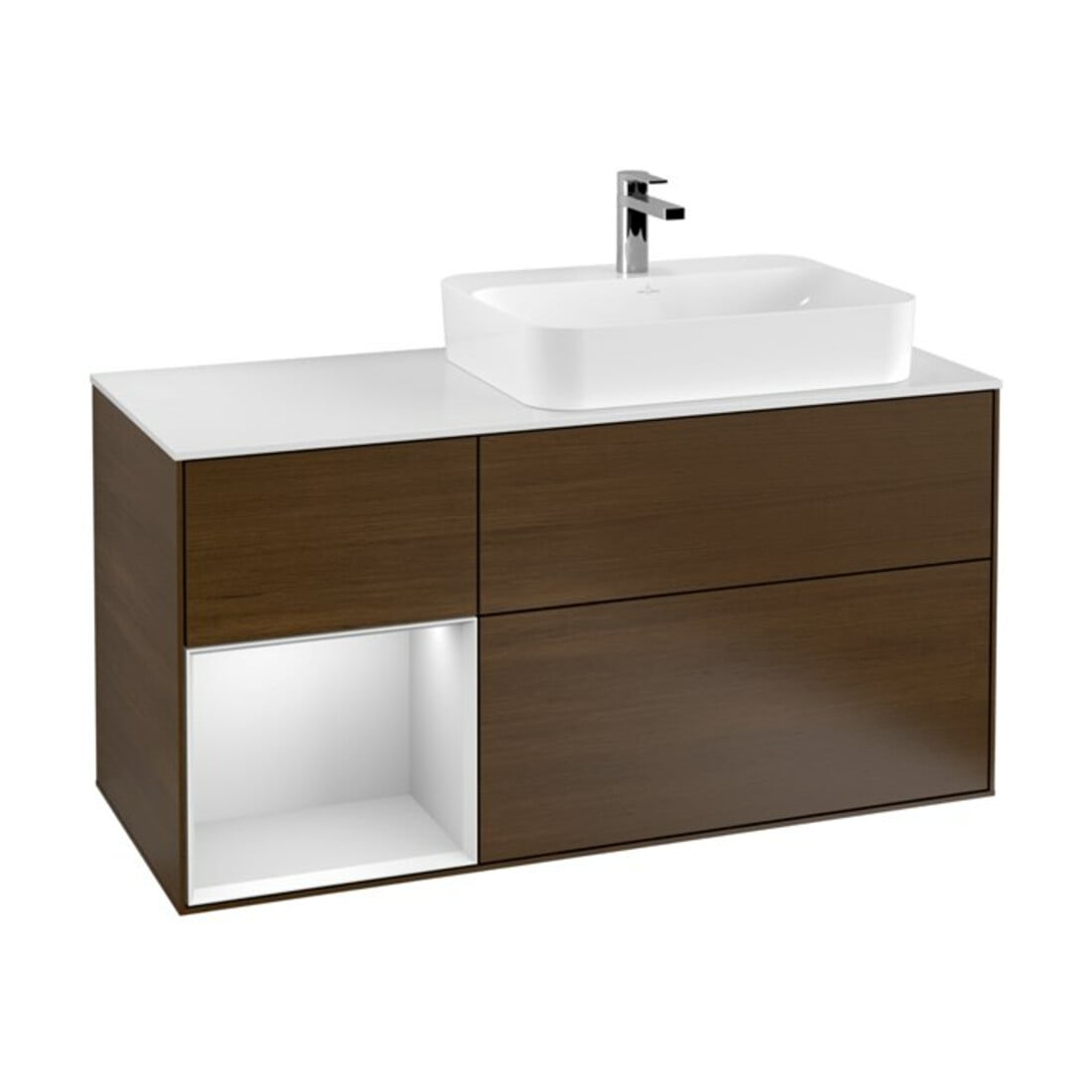 V&B Meuble sous lavabo Finion 120 cm, Pl w m, Étagère gauche blanc mat, laqué, noyer veneer