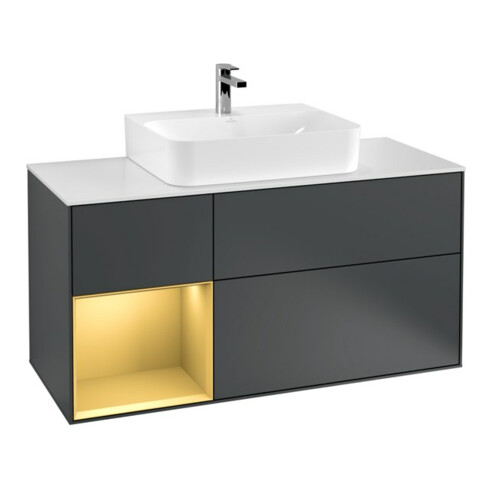 V&B Meuble sous lavabo Finion 120 cm, Pl w m, Étagère gauche dorée m, md bl. m Lac