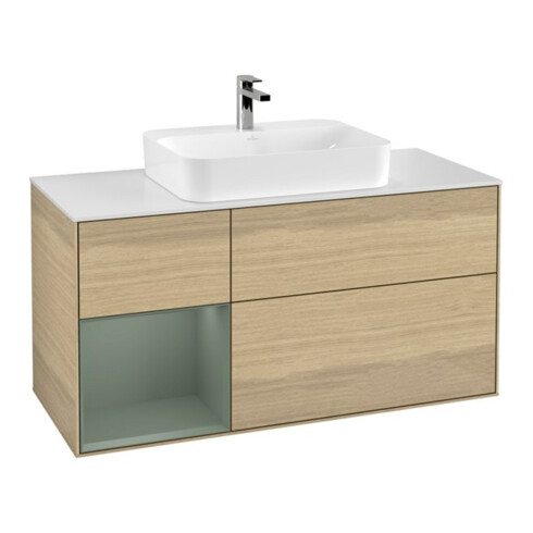V&B Meuble sous lavabo Finion 120 cm, Pl w m, Étagère gauche, Oli. m Lac, Oa ven