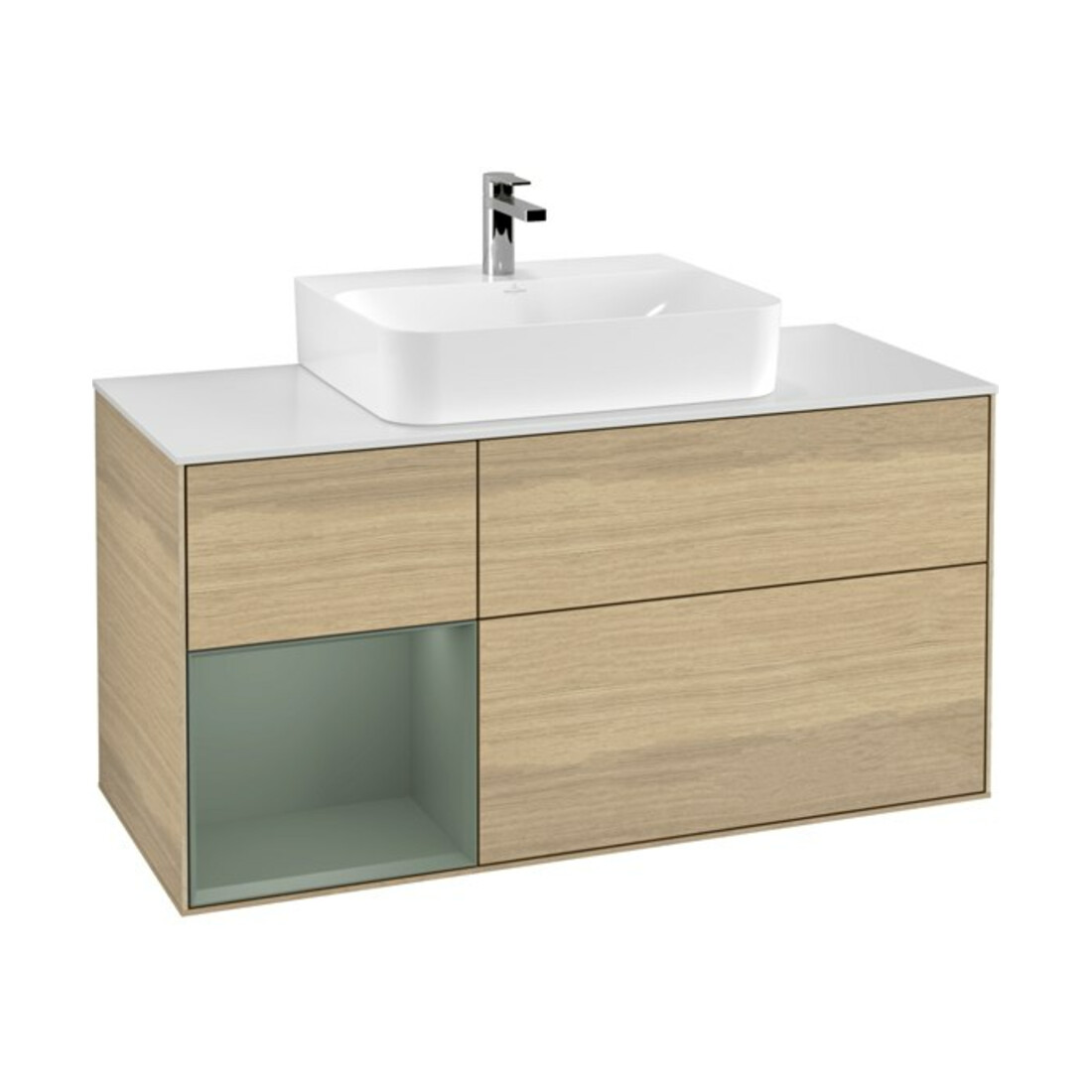 V&B Meuble sous lavabo Finion 120 cm, Pl w m, Étagère gauche, Oli. m Lac, Oa ven