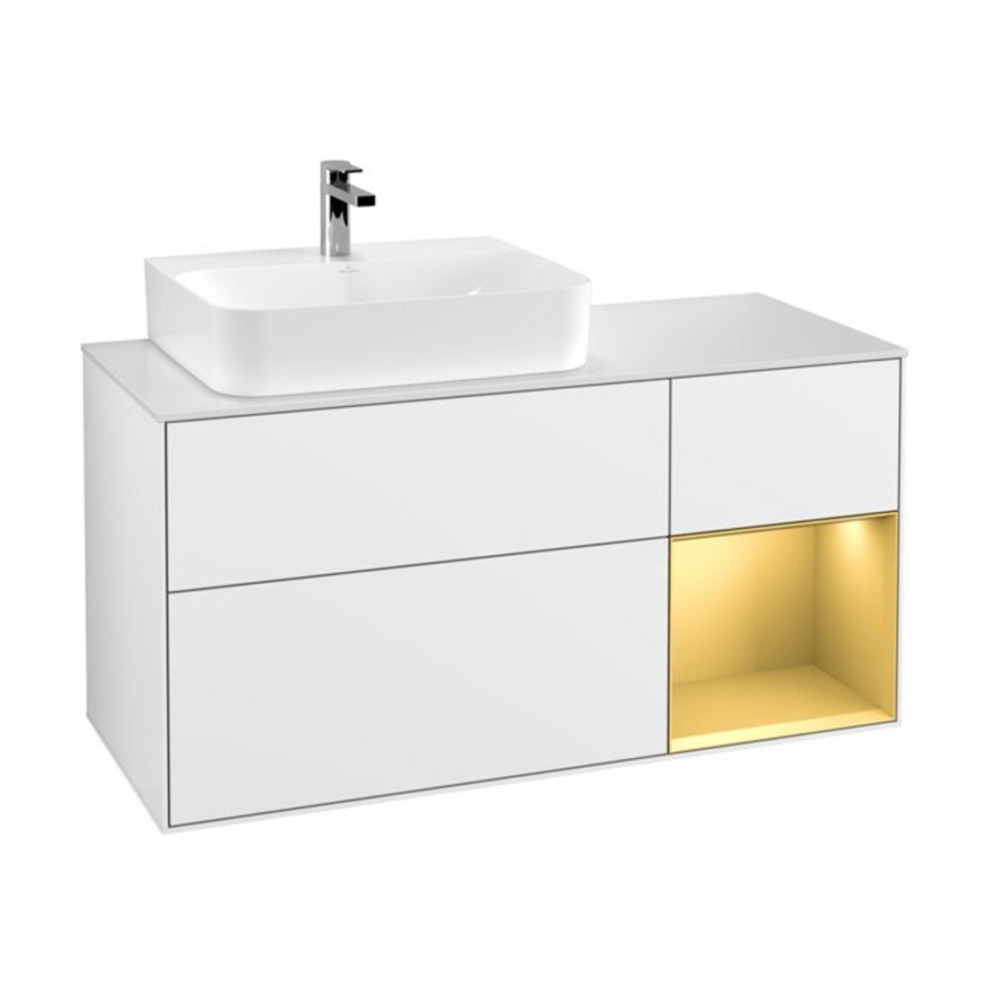 V&B Meuble sous-lavabo Finion 120 cm, Pl w m, Rég li gol m, éclairage mural blanc laqué