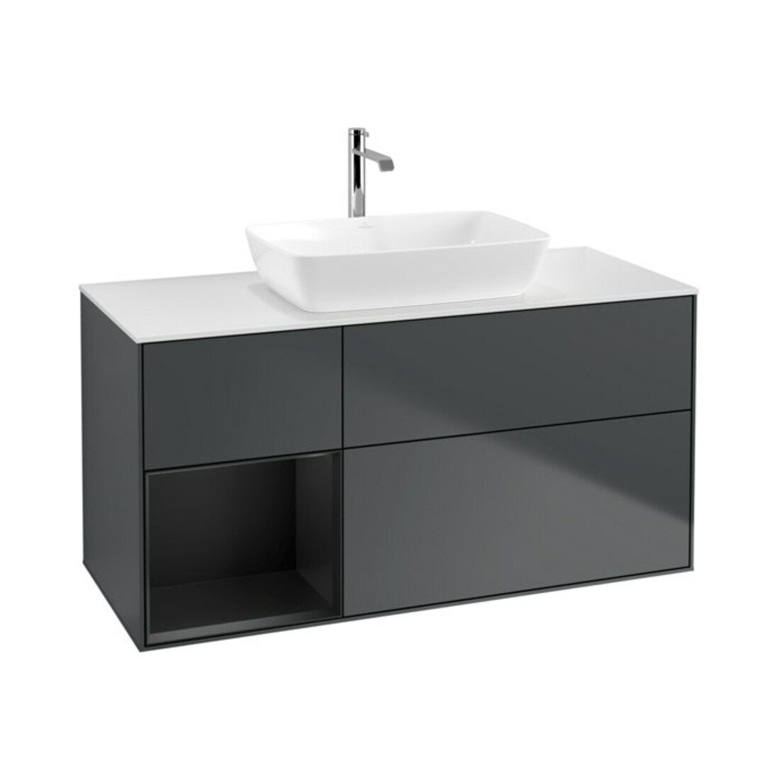 V&B Meuble sous-lavabo Finion 120 cm, Pl w m, Rg b m Lac, éclairage mural, md bl. m Lac