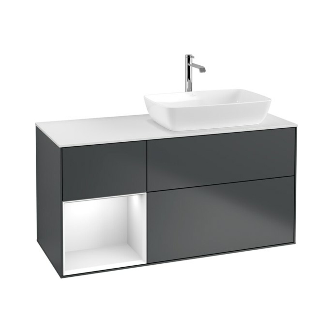 V&B Meuble sous-lavabo Finion 120 cm, Pl w m, Rg g w Lac, éclairage mural, md bl. m Lac