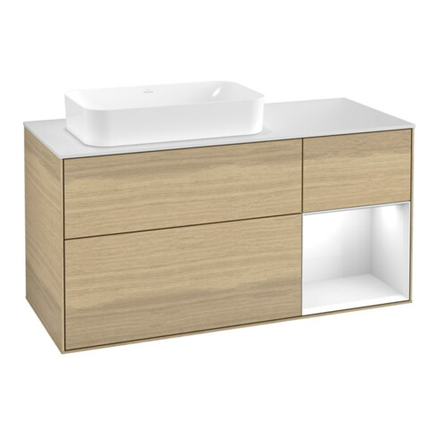 V&B Meuble sous lavabo Finion 120 cm, Pl w m, Rg re glo wh. Lac, Oa ven