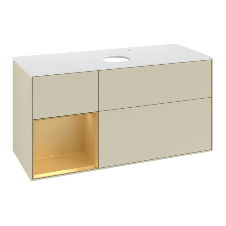 V&B Meuble sous lavabo Finion 120 cm, placage blanc mat, chêne doré mat laqué, gris mat laqué
