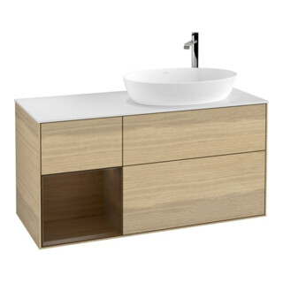 V&B Meuble sous lavabo Finion 120 cm, placage blanc mat, chêne naturel, poignée en métal naturel