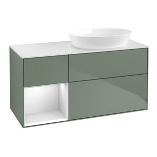 V&B Meuble sous lavabo Finion 120 cm, placage blanc mat, étagère blanche mat laquée, olivier mat laqué