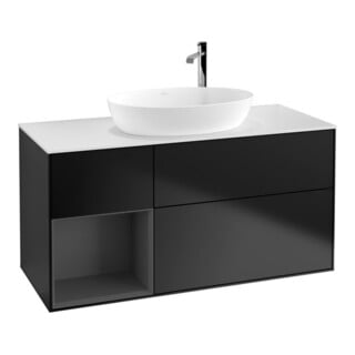 V&B Meuble sous lavabo Finion 120 cm, placage blanc mat, façade A mat laqué, bleu mat laqué