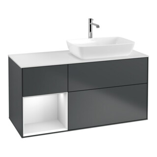 V&B Meuble sous lavabo Finion 120 cm, placage blanc mat, façade blanc mat laqué, poignée bleue mate laquée