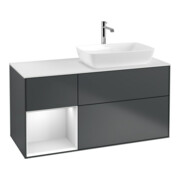 V&B Meuble sous lavabo Finion 120 cm, placage blanc mat, façade blanc mat laqué, poignée bleue mate laquée-1