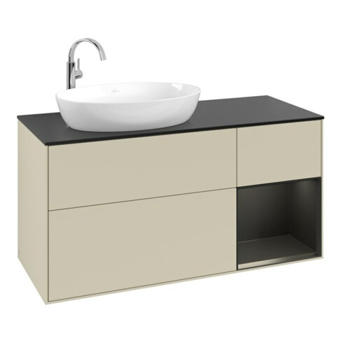 V&B Meuble sous-lavabo Finion 120 cm, placage blanc mat, façade bleue mate laquée, poignée grise mate laquée