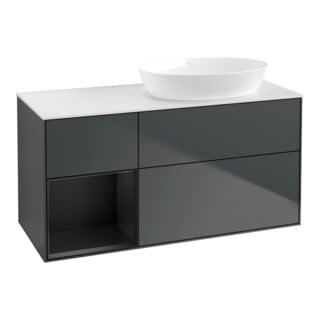 V&B Meuble sous lavabo Finion 120 cm, placage blanc mat, façade bois mat laqué, avec tiroir bleu mat laqué