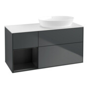 V&B Meuble sous lavabo Finion 120 cm, placage blanc mat, façade bois mat laqué, avec tiroir bleu mat laqué