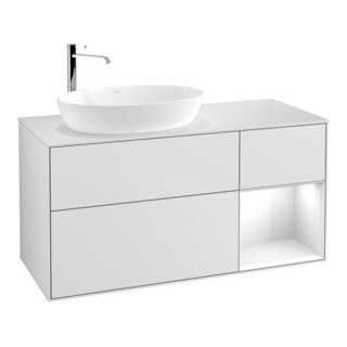 V&B Meuble sous lavabo Finion 120 cm, placage blanc mat, façade brillante blanche laquée