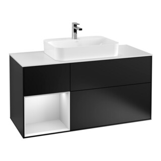 V&B Meuble sous lavabo Finion 120 cm, placage blanc mat, façade laque blanche, bleu mat laque