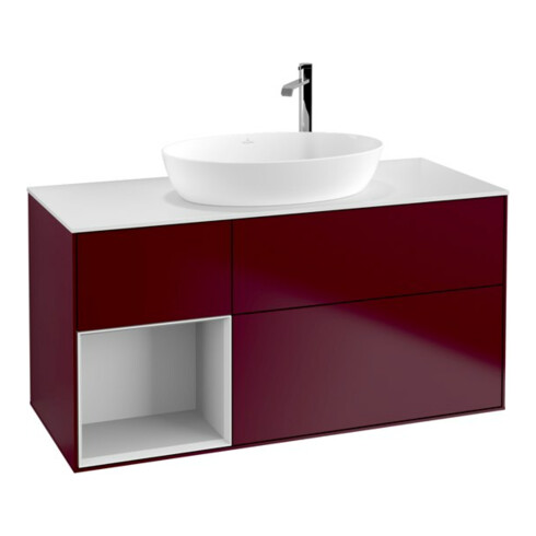 V&B Meuble sous-lavabo Finion 120 cm, placage blanc mat, façade laque blanche mate, poignée métal