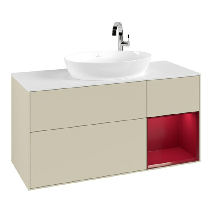 V&B Meuble sous lavabo Finion 120 cm, placage blanc mat, façade peuplier mat laqué, côtés gris mat laqué