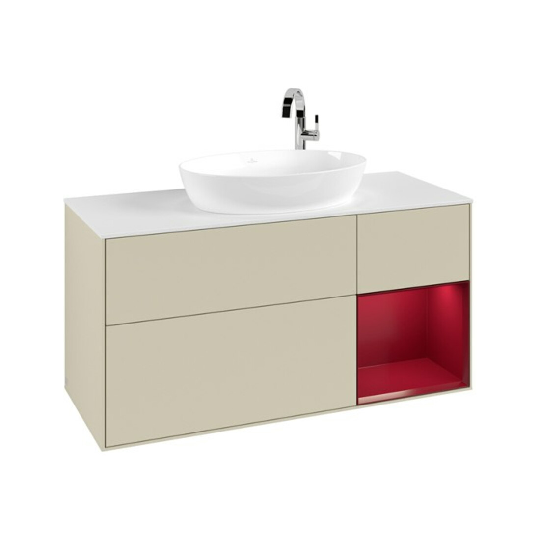 V&B Meuble sous lavabo Finion 120 cm, placage blanc mat, façade peuplier mat laqué, côtés gris mat laqué