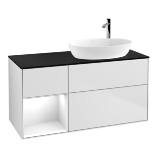 V&B Meuble sous lavabo Finion 120 cm, placage blanc mat, face brillante blanche, laqué blanc