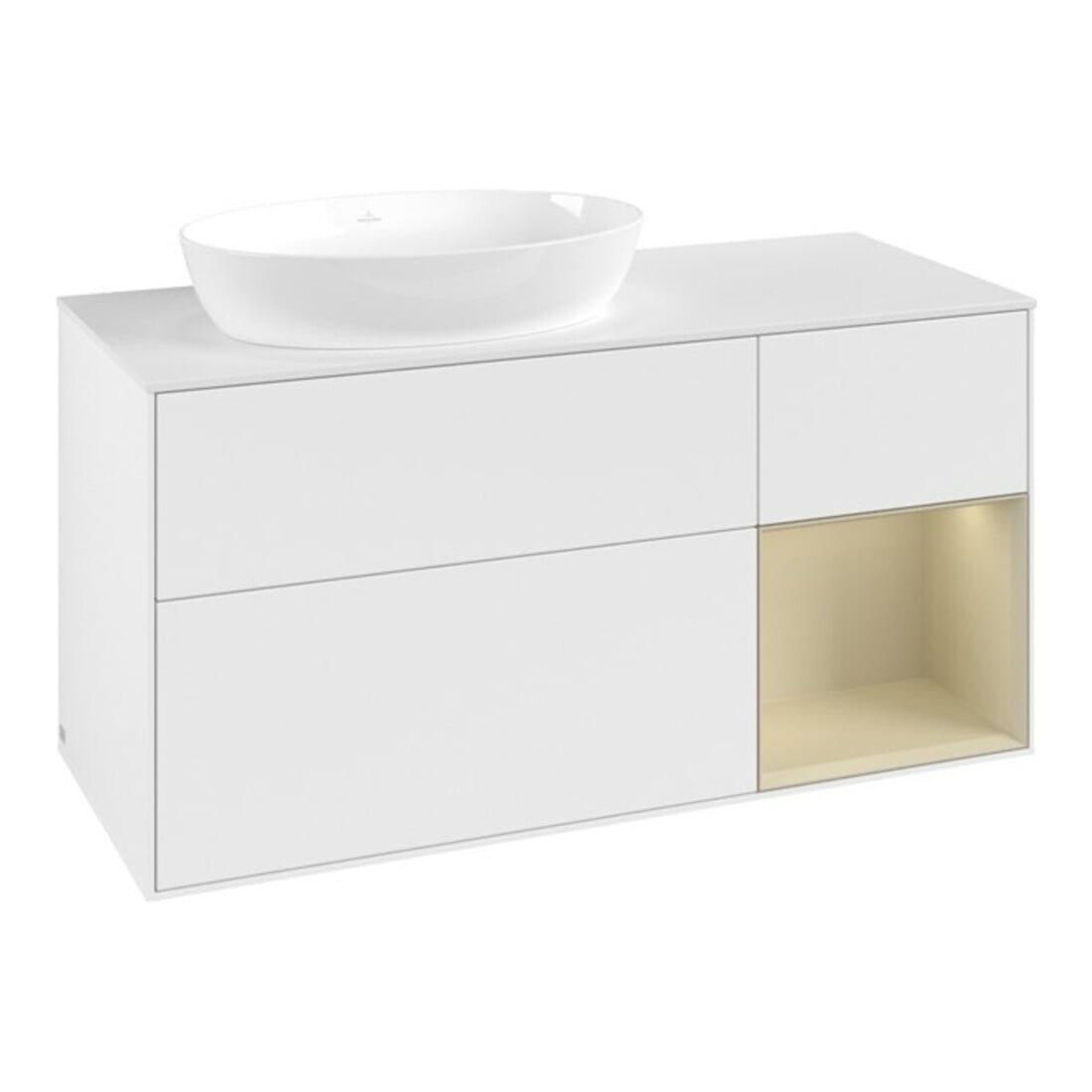 V&B Meuble sous lavabo Finion 120 cm, placage blanc mat, gris moyen mat laqué, blanc mat laqué