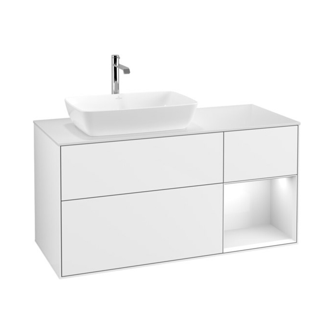 V&B Meuble sous-lavabo Finion 120 cm, placage blanc mat, laqué blanc brillant